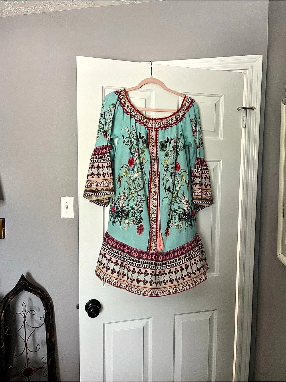UMGEE NWT SHABBY CHIC AQUA FLORAL BORDER PRINT DRESS BOHO SIZE MEDIUM FESTIVAL